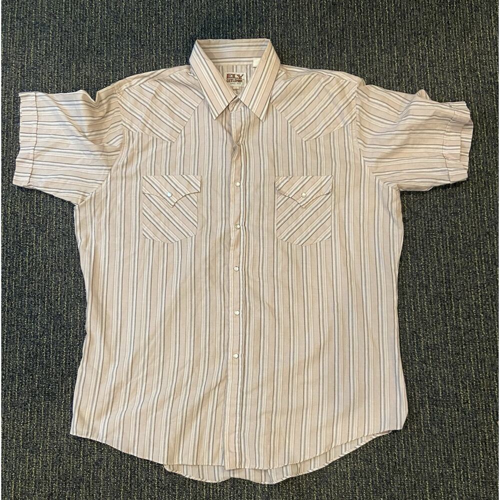 Ely Cattleman Pearl Snap Western Cowboy Ranch Shirt Xl tan blue white gray